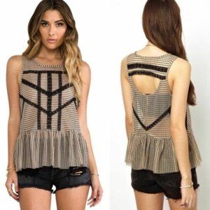 FREE PEOPLE LACE & STRIPE PEPLUM TOP in BLACK & TOASTED ALMOND SZ M